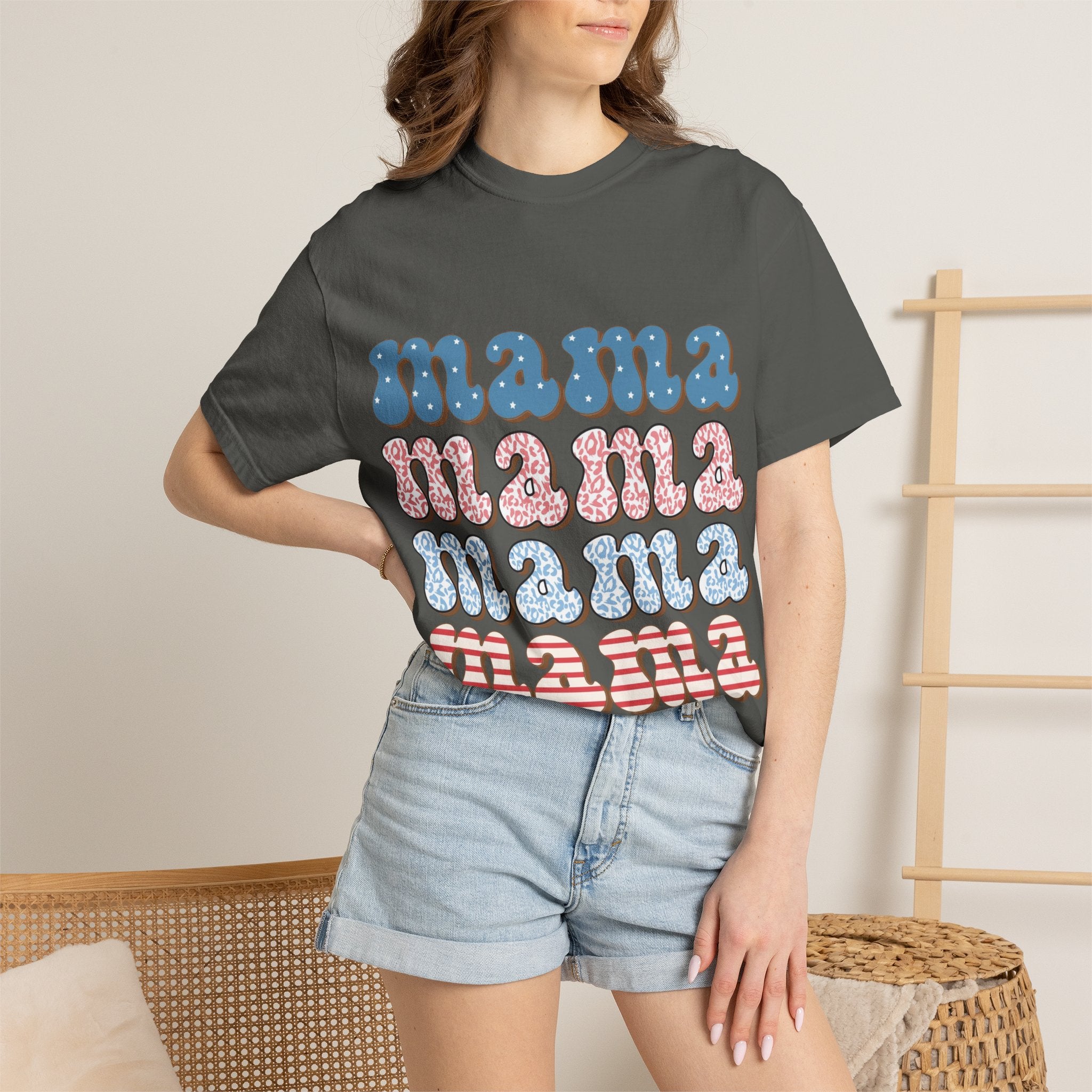 Mama Retro Stack T-Shirt — Vintage Rainbow 'mama' Graphic, Independence Day