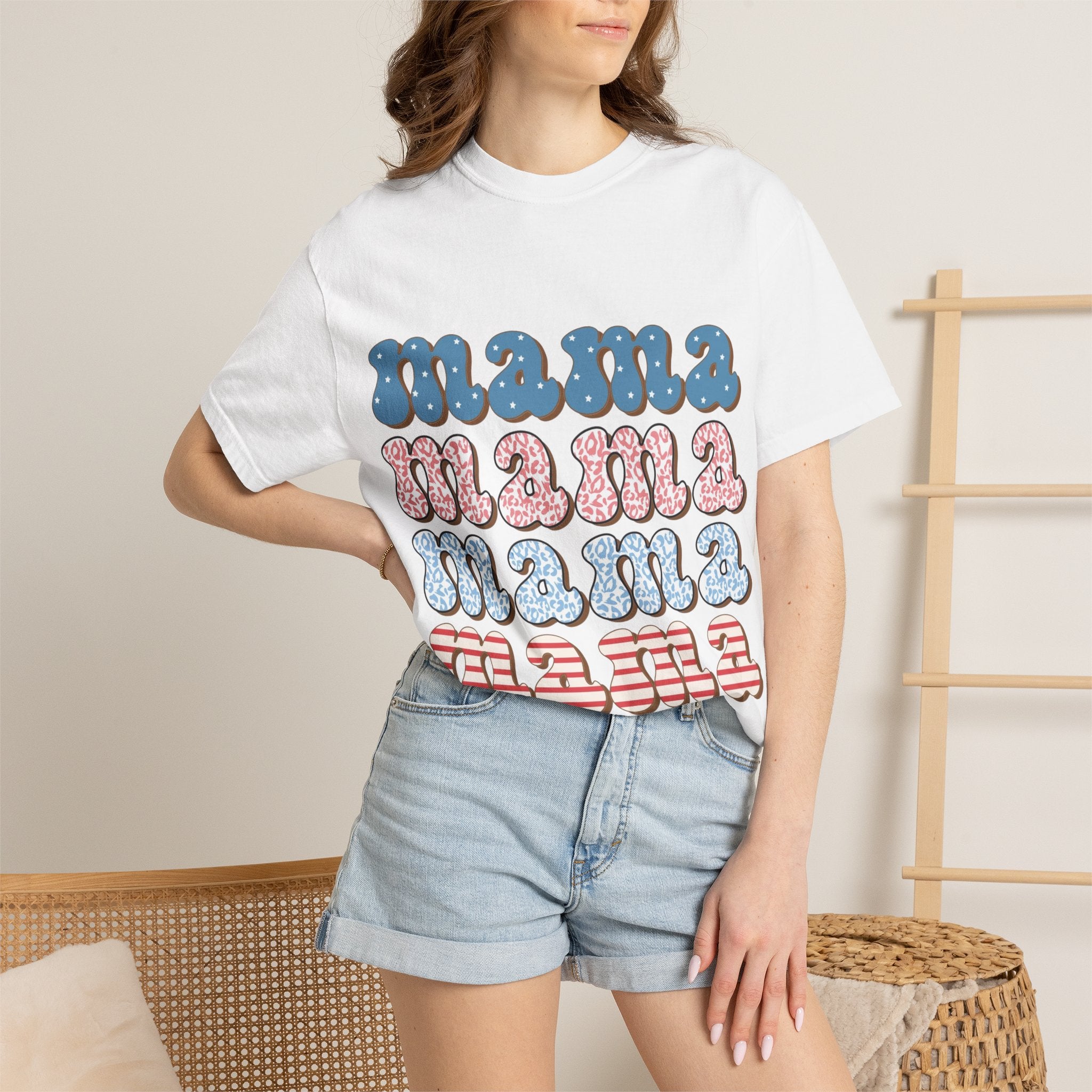 Mama Retro Stack T-Shirt — Vintage Rainbow 'mama' Graphic, Independence Day